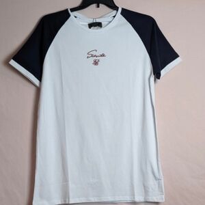 SikSilk Raglan Tech Short Sleeve Tee in Navy and White size Large